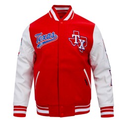 Texas Rangers Script Tail Classic Rib Varsity Jacket Texas Rangers Script Tail Classic Rib Varsity Jacket