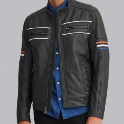 New Men's Tony Moto Multi Color Arm Stripe Leather Jacket