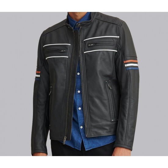 New Men's Tony Moto Multi Color Arm Stripe Leather Jacket New Mens Tony Moto Multi Color Arm Stripe Leather Jacket
