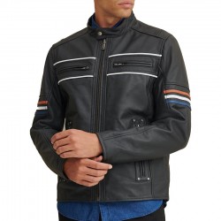 New Men's Tony Moto Multi Color Arm Stripe Leather Jacket New Men's Tony Moto Multi Color Arm Stripe Leather Jacket