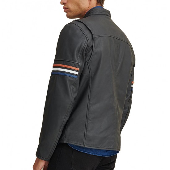 New Men's Tony Moto Multi Color Arm Stripe Leather Jacket New Mens Tony Moto Multi Color Arm Stripe Leather Jacket