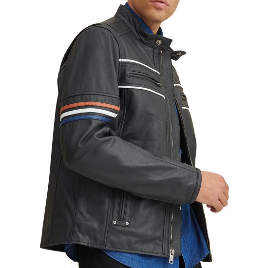 New Men's Tony Moto Multi Color Arm Stripe Leather Jacket New Mens Tony Moto Multi Color Arm Stripe Leather Jacket