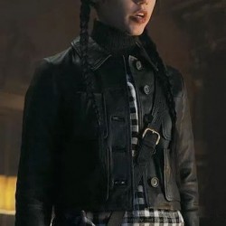Wednesday Addams Jenna Ortega Cropped Black Leather Jacket Wednesday Addams Jenna Ortega Cropped Black Leather Jacket