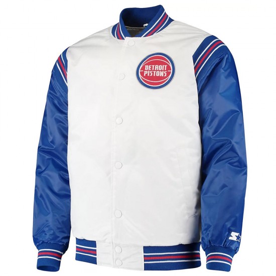 White/Blue Detroit Pistons Renegade Varsity Satin Jacket