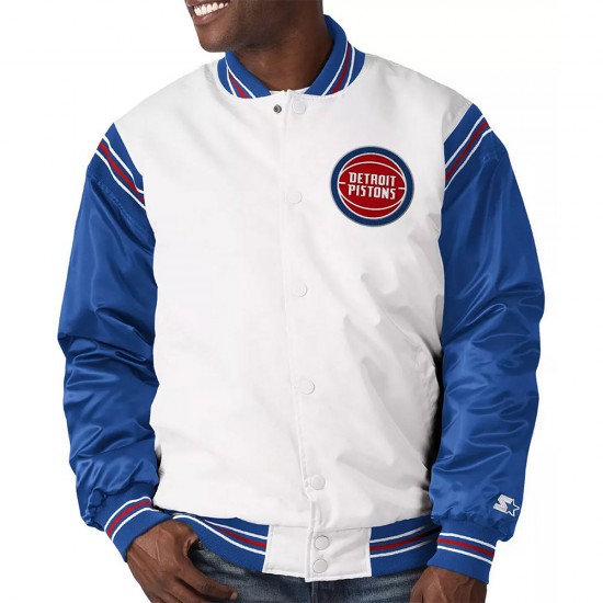 White/Blue Detroit Pistons Renegade Varsity Satin Jacket