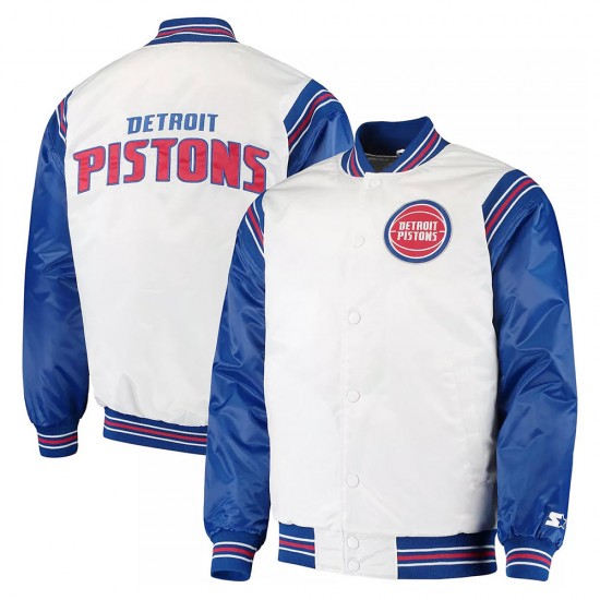 White/Blue Detroit Pistons Renegade Varsity Satin Jacket