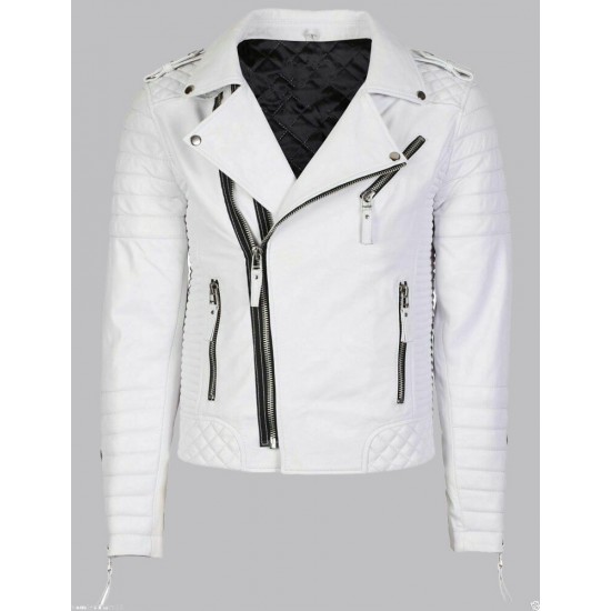 White Leather Biker Jacket Mens Double Breast Style