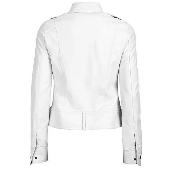 White Zipper Pockets Leather Jacket