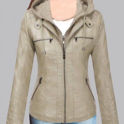 New Women's Removable Hoodie Leather Jacket