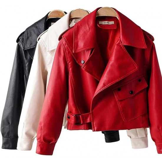 Women's Spring Fashion Retro Long Sleeve Washed PU Leather Solid Color Jacket