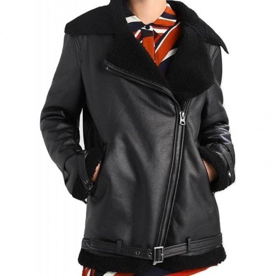 Women's Black Leather Aviator Jacket with artificial fur collar