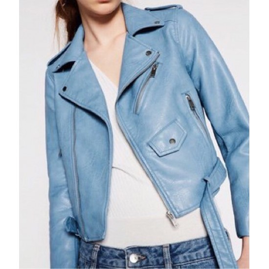 Women’s Baby Blue Motorcycle Leather Jacket