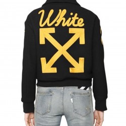 Women’s Off-White Virgil Abloh Varsity Jacket with Yellow Striped Sleeves Women’s Off-White Virgil Abloh Varsity Jacket with Yellow Striped Sleeves