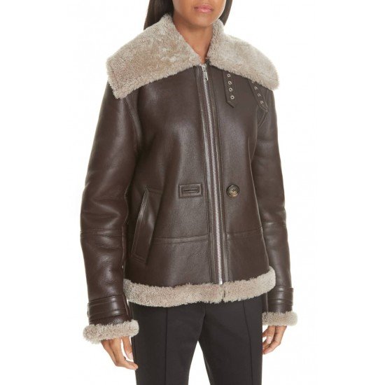 Women's Brown Genuine Shearling Aviator Jacket