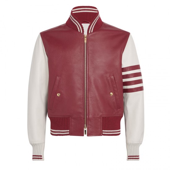 Alton Mason Burgundy and White Varsity Leather Jacket