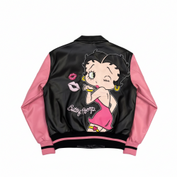 Betty Boop Pink Varsity Bomber Leather Jacket for Women Betty Boop Pink Varsity Bomber Leather Jacket for Women