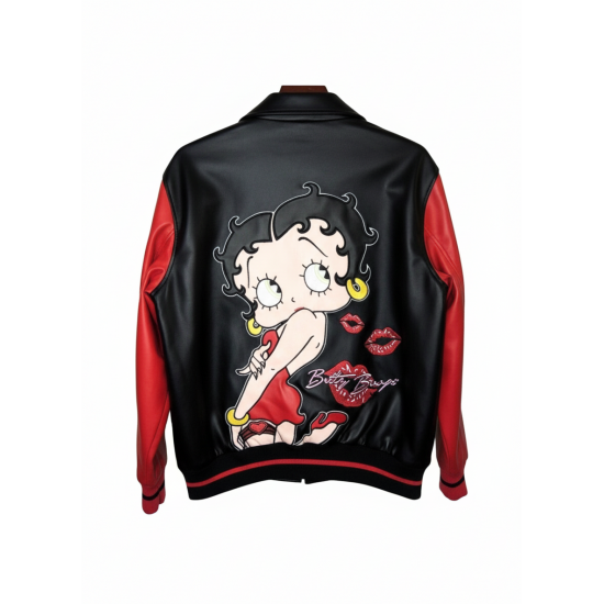 Betty Boop Pink Varsity Bomber Leather Jacket for Women