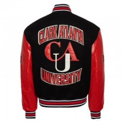 Black and Red Clark Atlanta University Wool and Leather Varsity Jacket