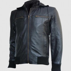 Black Hooded Leather Bomber Jacket Black Hooded Leather Bomber Jacket