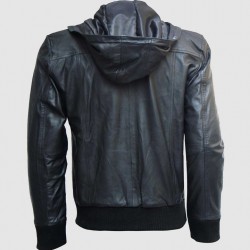 Black Hooded Leather Bomber Jacket Black Hooded Leather Bomber Jacket