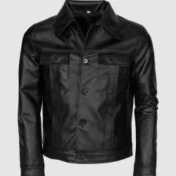 Black Leather Jacket for Men with Folded Collar