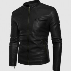 Black Leather Jacket with Small Collar