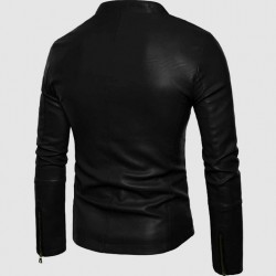Black Leather Jacket with Small Collar