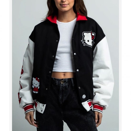 Black/White Hello Kitty Dumbgood Varsity Wool/Leather Jacket