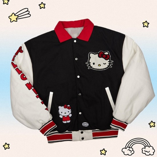 Black/White Hello Kitty Dumbgood Varsity Wool/Leather Jacket