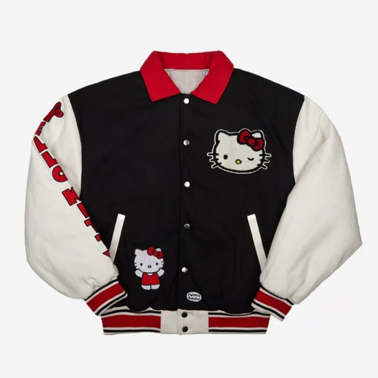 Black/White Hello Kitty Dumbgood Varsity Wool/Leather Jacket