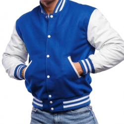 Blue Wool & White Genuine Leather Varsity Letterman Jacket Blue Wool & White Genuine Leather Varsity Letterman Jacket