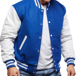 Blue Wool & White Genuine Leather Varsity Letterman Jacket Blue Wool & White Genuine Leather Varsity Letterman Jacket