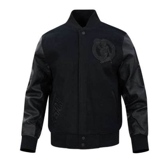 Boston Celtics Triple Black Varsity Wool and Leather Jacket Boston Celtics Triple Black Varsity Wool and Leather Jacket