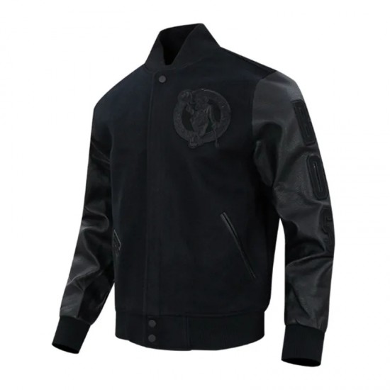 Boston Celtics Triple Black Varsity Wool and Leather Jacket Boston Celtics Triple Black Varsity Wool and Leather Jacket