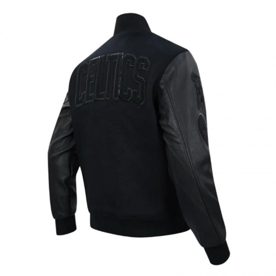 Boston Celtics Triple Black Varsity Wool and Leather Jacket Boston Celtics Triple Black Varsity Wool and Leather Jacket