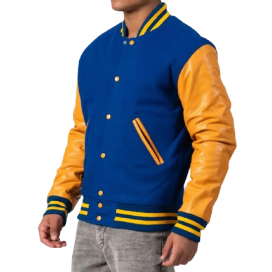 Bright Royal Body & Bright Gold Leather Sleeves Letterman Jacket Bright Royal Body & Bright Gold Leather Sleeves Letterman Jacket