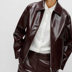 Brown Faux Leather Lacquered Harrington – Zip-Up Jacket Brown Faux Leather Lacquered Harrington – Zip-Up Jacket