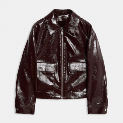 Brown Faux Leather Lacquered Harrington – Zip-Up Jacket