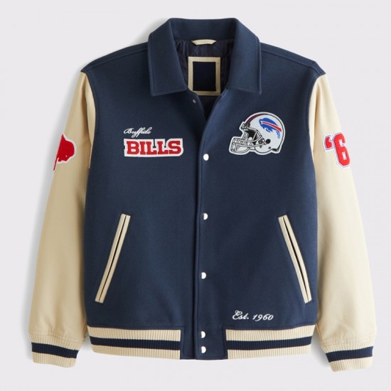 Buffalo Bills Blue and Eggshell Varsity Bomber Jacket Buffalo Bills Blue and Eggshell Varsity Bomber Jacket
