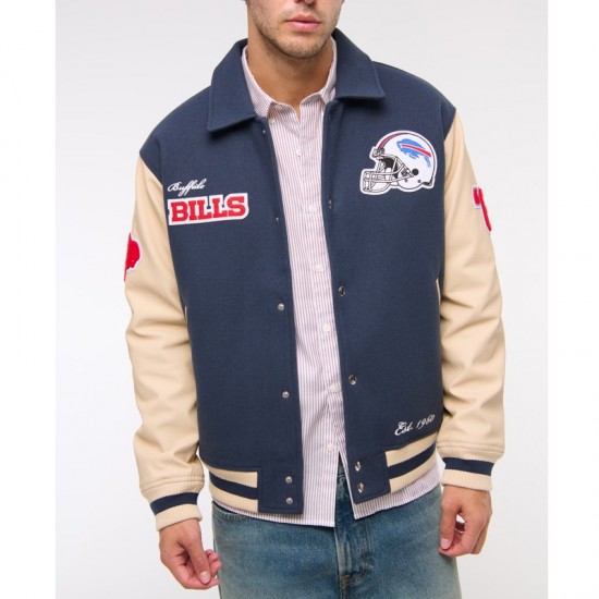 Buffalo Bills Blue and Eggshell Varsity Bomber Jacket Buffalo Bills Blue and Eggshell Varsity Bomber Jacket