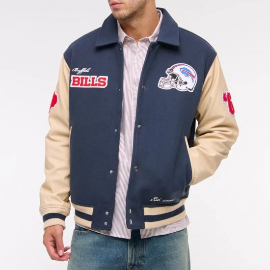 Buffalo Bills Blue and Eggshell Varsity Bomber Jacket Buffalo Bills Blue and Eggshell Varsity Bomber Jacket