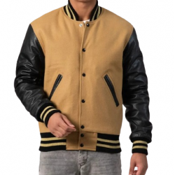 Camel Wool Body & Black Leather Sleeves Letterman Coat Camel Wool Body & Black Leather Sleeves Letterman Coat