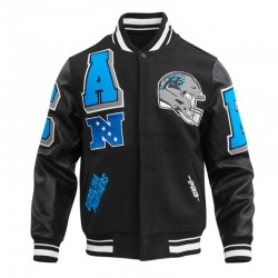 Carolina Panthers Mashup Rib Varsity Wool and Leather Jacket Carolina Panthers Mashup Rib Varsity Wool and Leather Jacket