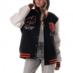 Chicago Bears Black and White Hooded Varsity Jacket Chicago Bears Black and White Hooded Varsity Jacket