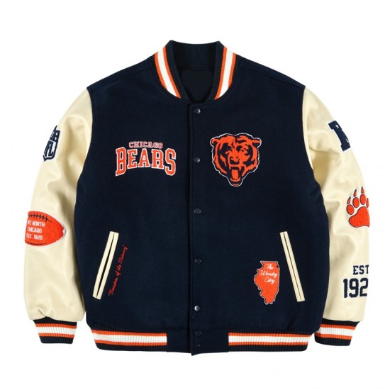 Chicago Bears Chenille Patches Navy Varsity Jacket Chicago Bears Chenille Patches Navy Varsity Jacket
