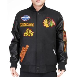 Chicago Blackhawks Animal Patches Black Varsity Jacket Chicago Blackhawks Animal Patches Black Varsity Jacket