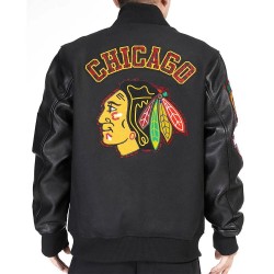 Chicago Blackhawks Animal Patches Black Varsity Jacket Chicago Blackhawks Animal Patches Black Varsity Jacket
