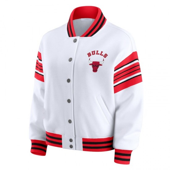 Chicago Bulls Snap Front White Fleece Jacket Chicago Bulls Snap Front White Fleece Jacket
