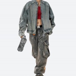 Cyberpunk Denim Zip-Up Jacket