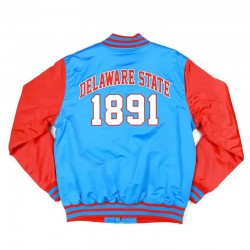 Delaware State Sky Blue and Red Baseball Jacket Delaware State Sky Blue and Red Baseball Jacket